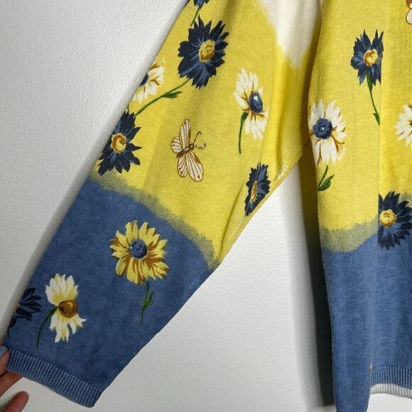 Teddi Floral Cardigan Sweater Petite Size L Daisies Cotton Ramie Boho - Picture 5 of 10
